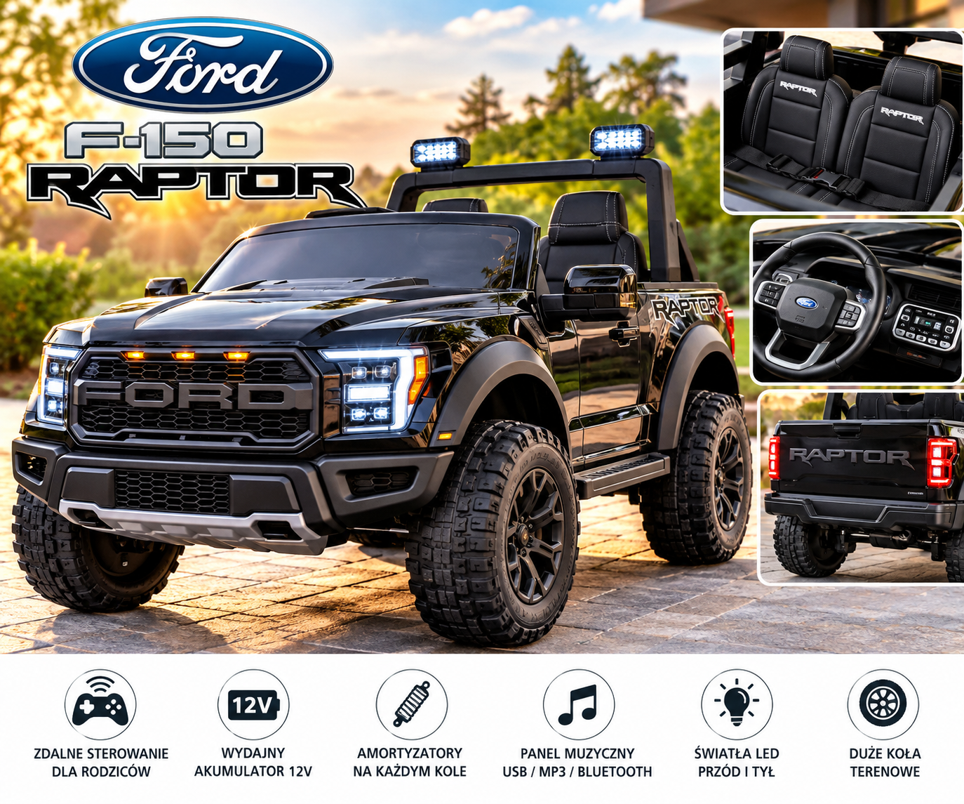 Ford F-150 Raptor – Elektryczny Samochód Terenowy dla Dzieci, Czarny | Milly Mally