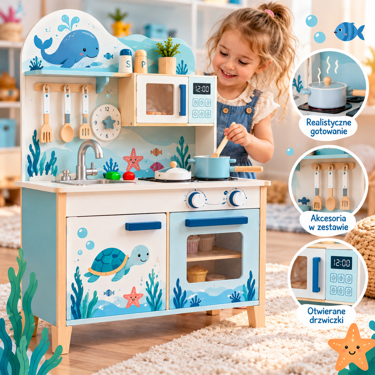 Mały Szef Kuchni – Drewniana Kuchnia Ocean z Akcesoriami TinyMini